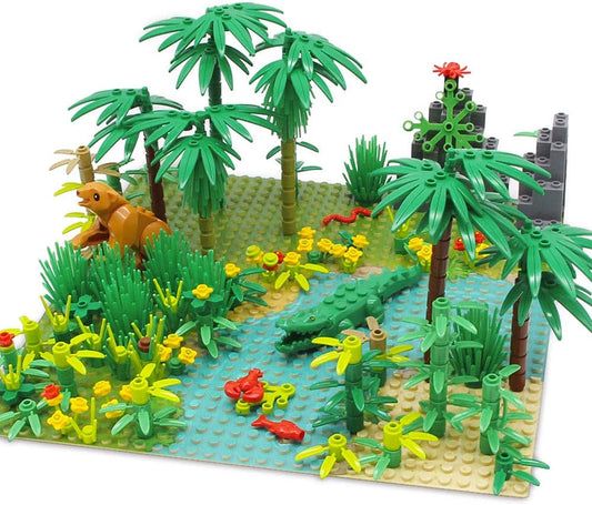 Rainforest Jungle Trees Building Blocks Bricks with 2 Base Plates (10 Inches for Each), Forest Garden Plants Flowers Bushes Animals Kit, Botanical Parts Scenery Toys Compatible with Major Brands