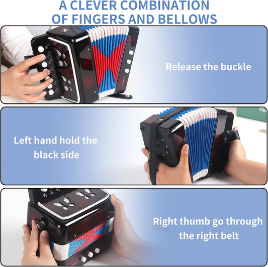 Horse Kids Accordion, 10 Keys Button Control Kid Accordions Musical Instruments for Child Children Toddlers Beginners Accordian Lightweight 7 key 3 Bass Mini Acordeón Toy Acordeones Para Miños Black