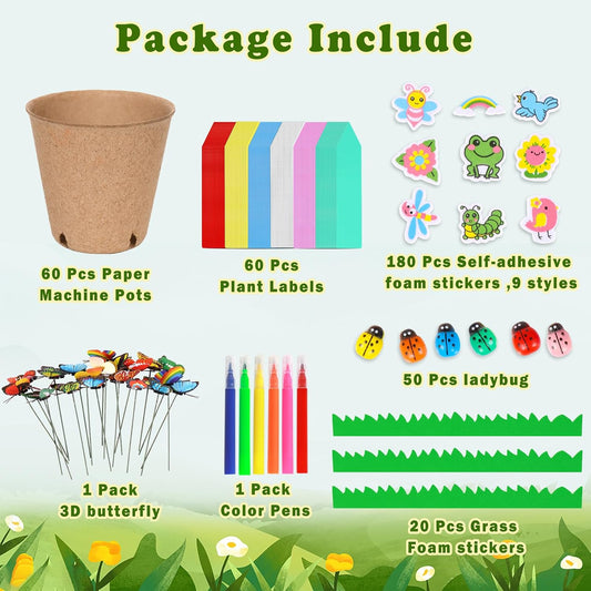 60 Pack Garden Paper Pot Craft Kit Flower Plant Spring Summer Craft with 50 Adhesive Foam Stickers 60 Paper Mache Pots Label Pens, Flower Planting Growing Kit Science Garden Gift for Mother Day