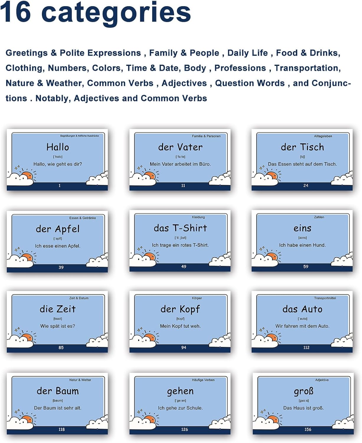 200 Essential German Words Vocabulary Flash Cards Flashcard for Beginners Adults | Learn German for Beginners Adult