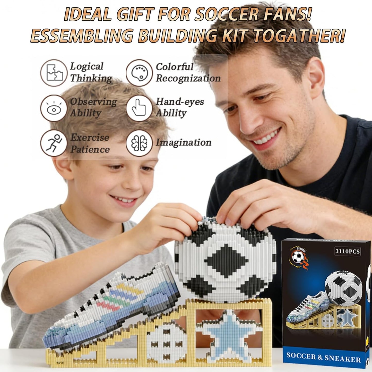 2026 New Soccer Ball with Sport Sneaker Building Block Set, Realistic Soccer, Luminous Crystal Shoe, Golden Stand STEM Bricks, DIY Educational Toy World Football Cup Gifts for Teen, Adult