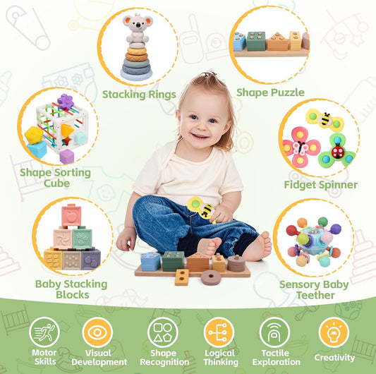 YHHYTOY 6-in-1 Montessori Baby Toys 0-6 6-12 Months, Infant Teething Toys Soft Stacking Blocks Rings Shape Sorter Sensory Fidget Spinners for Toddler 1-3, First Baby Gift Set for 6 Month Old Girl Boy