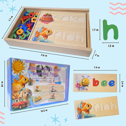 See and Spell Learning Toy – Wooden Spelling Puzzle Game for Kids Ages 3 4 5 6, CVC Word Builder, Educational Spelling Toys & Phonics Puzzle for Early Reading & Letter Recognition