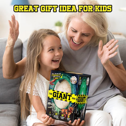 Dinosaur Egg Dig Kit, Unearth a Jumbo Dino Egg with 12 Unique Large Surprise Dinosaur Toys, Ideal Educational STEM Toys and Gifts for Kids Aged 5-7, Suitable for Party and Easter
