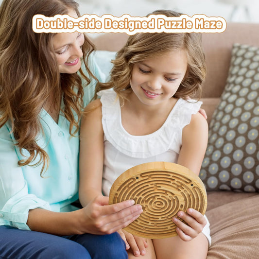 Round Wooden Labyrinth Board Game - Marble Maze for Education and Fun, Toddler Activity Board, Brain Teaser Puzzle Logic Game with Two Metal Balls for Kids, Adults, Teens, Boys, and Girls