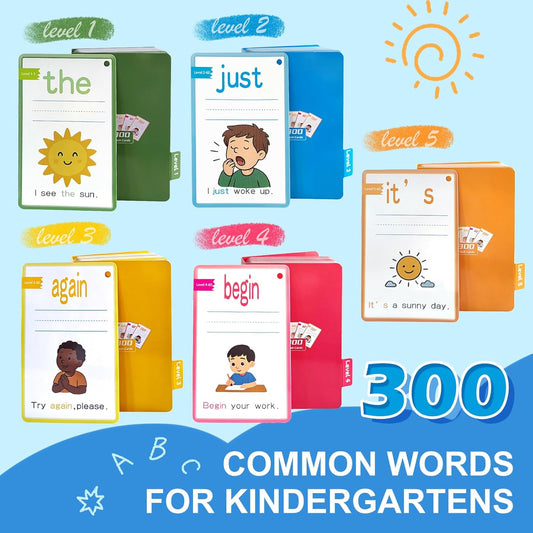 CVC Word Games&Writing Practice Card,300 Sight Words Flash Cards for Kindergarten & Toddlers-5 Levels Learning Cards with Picture Sentences Include 5 Dry Erase Markers & Rings