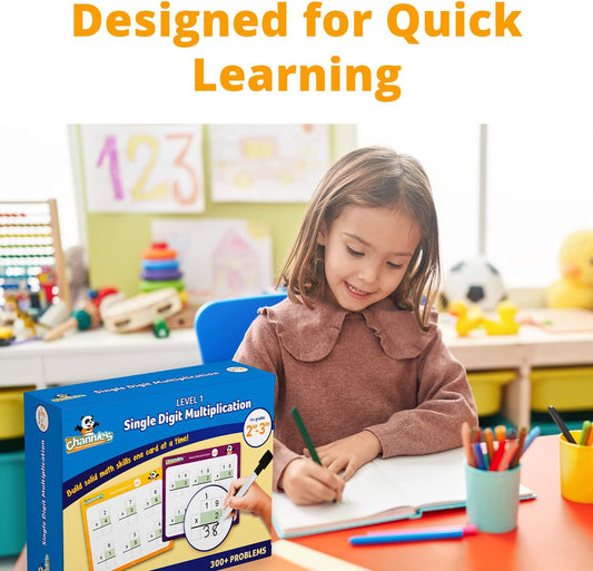 Channie’s Single Digit Multiplication Flashcards, 30 Double-Sided Dry Erase 2nd - 3rd Grade Multiplication Flash Cards, Easy-to-Use Level 1 Multiplication Practice, 300+ Problems