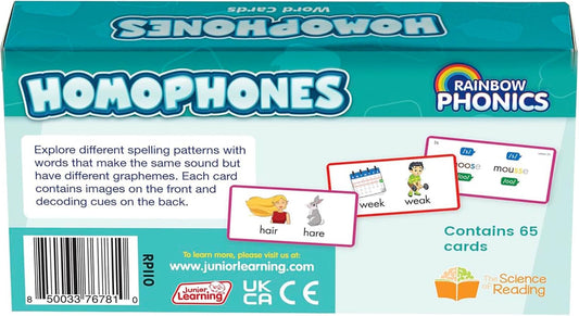 Junior Learning: Rainbow Phonics - Homophones - 65 Word Cards, Flash Cards with Sound & Spelling Association, Level Based Cards, Kids Ages 4+
