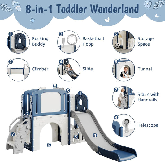 GarveeLife Toddler Slide 8 in 1 Indoor Playground Outdoor Playset Kids Baby Slides for Toddlers Age 1-3 with Climber Basketball Hoop Telescope Drawing Board and Storage Space for Courtyards