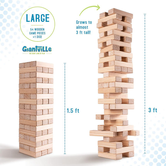 Giantville Giant Tumbling Timber Toy - STEAM-Credited Premium Pine Wood Blocks Tower - Indoor/Outdoor Yard Game for Kids & Adults - 56 Pieces + Carry Bag - Grows to Over 4 Feet