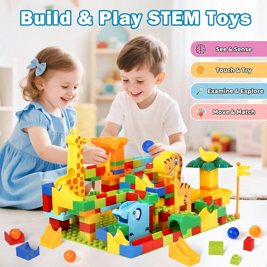 MOONTOY Dinosaur Marble Run 200PC Building Blocks - STEM Educational Toys for Kids Ages 3 4 5 6 7 8, Big Blocks Learning Set for Toddlers Boys & Girls, Gift for Christmas & Birthdays