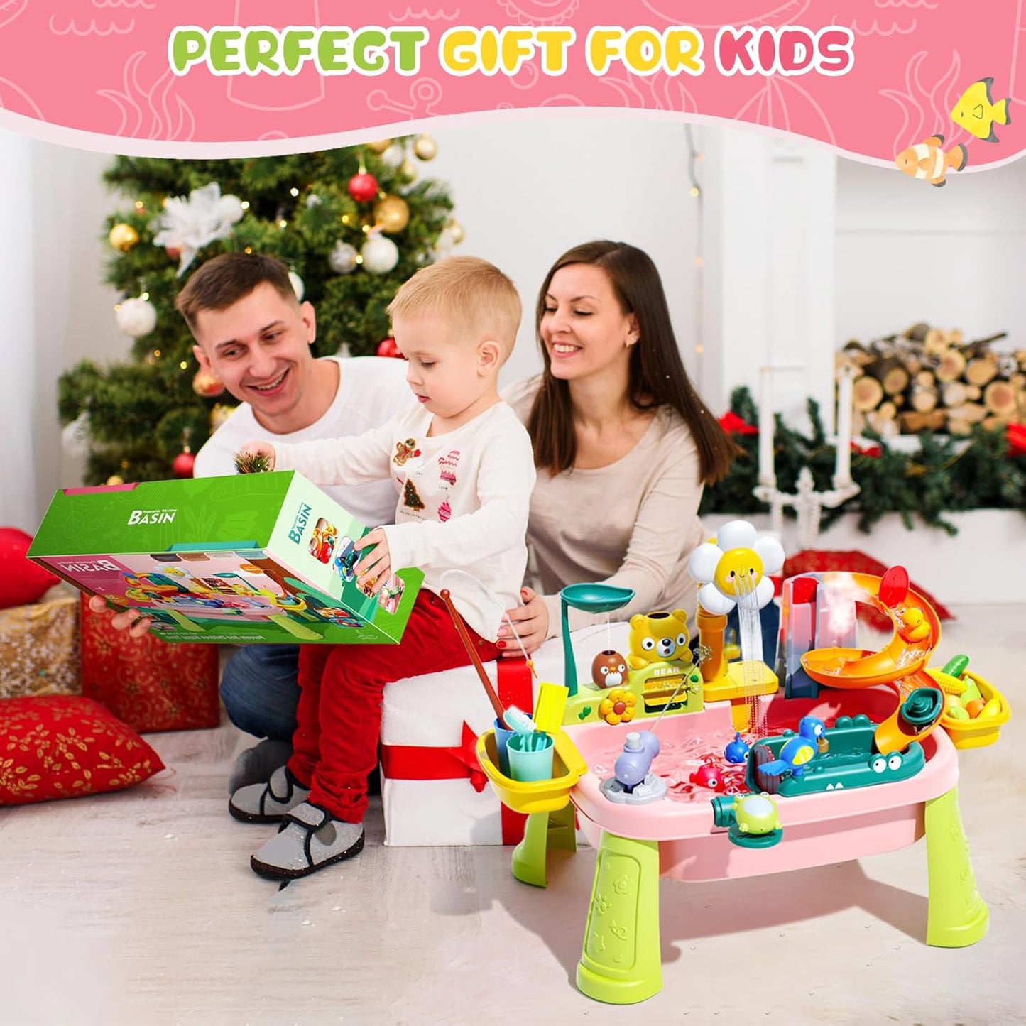 2026 Upgraded Pink Stand Water Table for Toddlers 1-3 - Outdoor Toys for Kids Ages 3-8 with Pump, Summer Outside Sensory Activity Pool Toys, Kitchen Play Sink Toy with Running Water, Fishing Toy