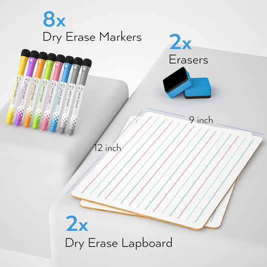 Nicpro Dry Erase Board with Lines 12 x 16 in, 2 Pack Kid Double Sided Lined White Board Dry Erase with 8 Pens, 2 Eraser, Small Learning Whiteboards for Kids, Students, Homeschool Essentials Supplies