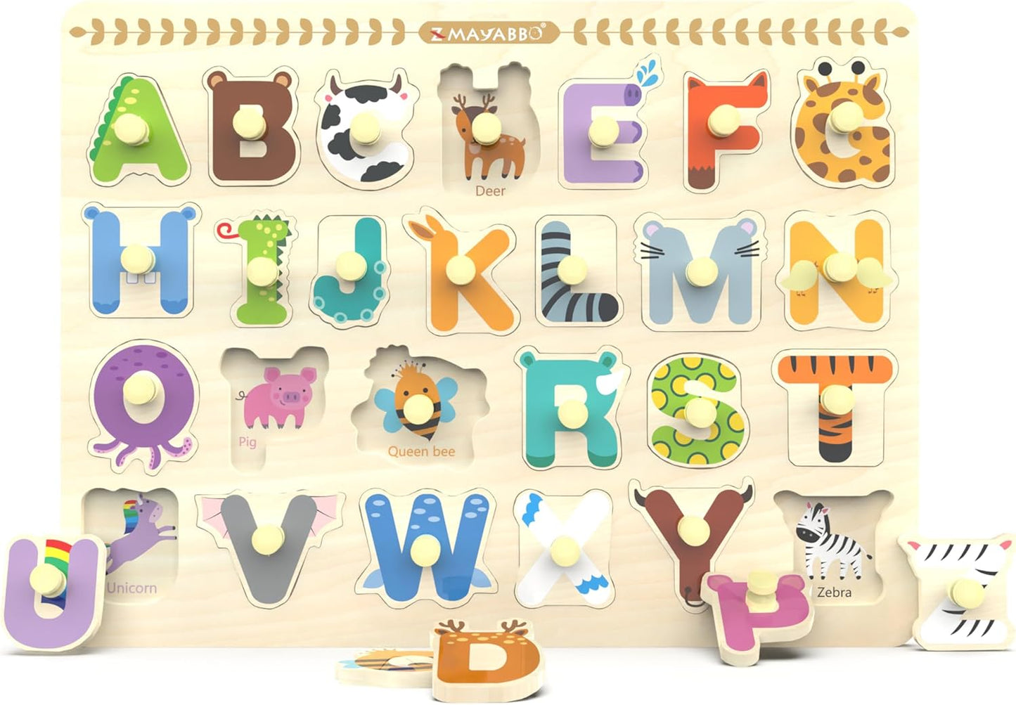 Wooden Peg Puzzle for Toddlers, Alphabet Learning Toys, Baby Puzzles Alphabet Board for Kids, Preschool Knob Puzzle for Boys Girls, Chunky ABC Shape Puzzles for 2 3 4 Year Old
