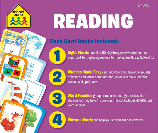 School Zone Reading 4-Pack Flash Cards: 224 Cards, Preschool, Kindergarten, 1st Grade, Sight Words, Phonics Made Easy, Word Families, Picture Words, High-Frequency Words, Beginning Reading, Rhyming, Ages 4+