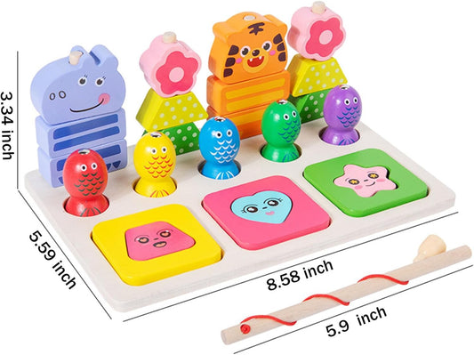 Wooden Montessori Toys for 3 Year Old,Shape Sorter Stacking Games, Fishing Games Preschool Learning Educational Toys for Boys Girls Toddlers (Little Bee)