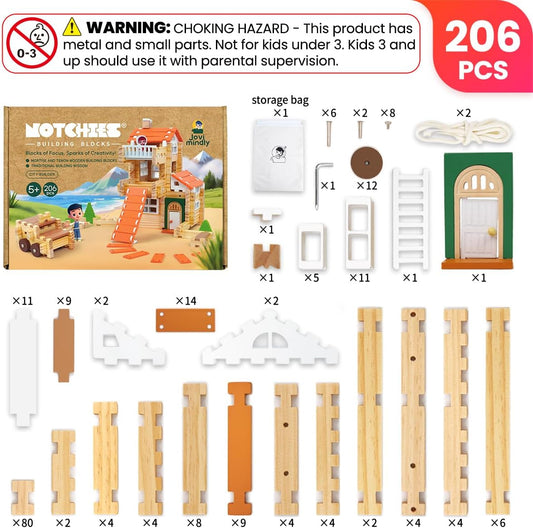 Jovi-mindly&Notchies 96 PCS Wooden Blocks Wooden Toys with Storage Bag, Preschool Learning Toys Wood Blocks Building for Kids Ages 4-8 Creative Construction Game,FSC Certified,Birthday Toys Gifts
