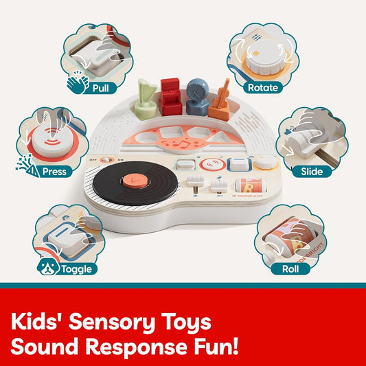 TOP BRIGHT DJ Music Busy Board - Wooden Toddler Toys for Boys and Girls,Montessori Sensory Toy with 14 Activities with Sound Blocks, Portable Travel Toy for 18M+