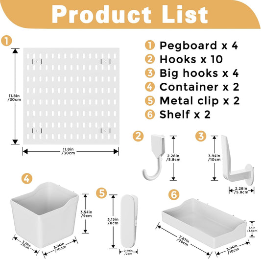 Pegboard Organizer Kit with 20 Accessories, Modular Hanging - 4 Pegboards & Tools for Kitchen, Home, Office - Wall Pegboard Organizer for Tools, and More - Peg Board Combination