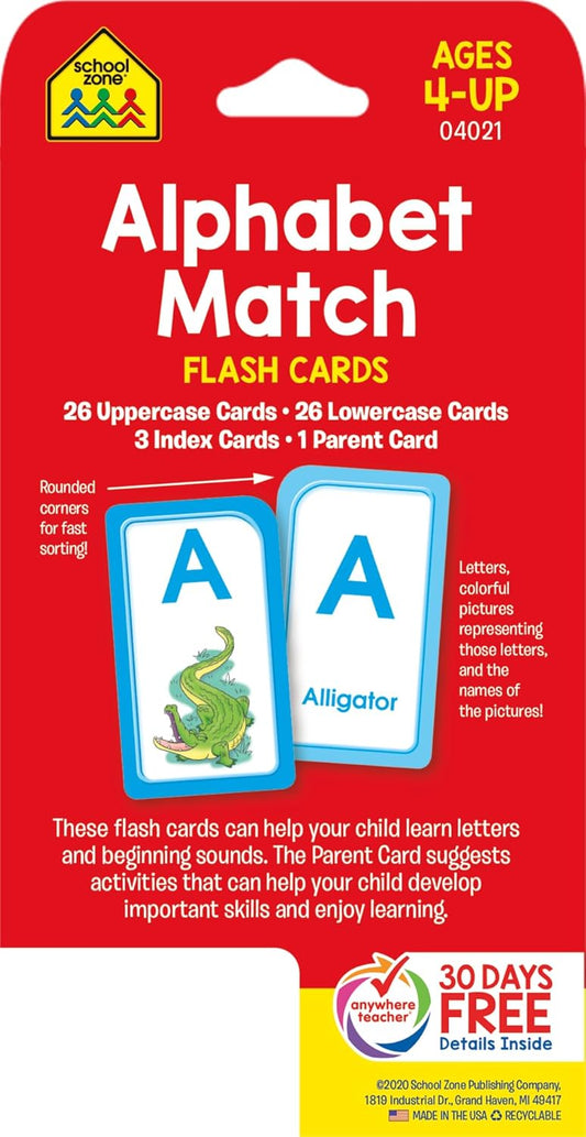 School Zone Alphabet Match Flash Cards: 56 Cards, Preschool, Kindergarten, ABC's, Letters, Matching, Beginning Sounds, Letter-Picture Recognition, Ages 4+