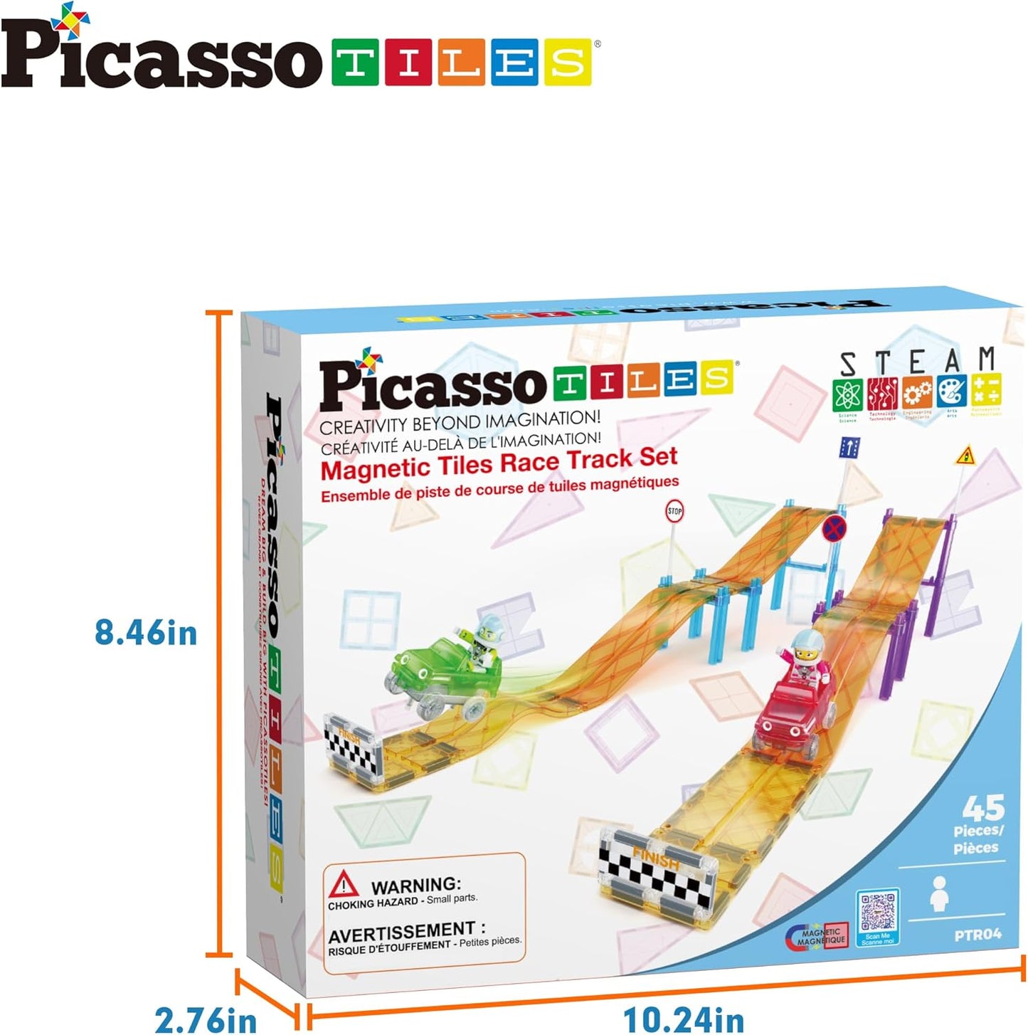PicassoTiles 50pc Racecar Track Magnetic Tiles Educational Kids Toy with 2 Light Up Trucks STEM Preschool Learning Magnet Tile Toddler Toys Boys Girls Ages 3+ Blocks Game Puzzles Build Playset PTR50