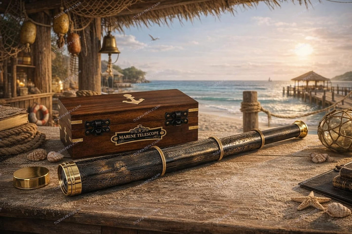 14" Handheld Brass Telescope with Engraved Imprints – Pirate Collection Spyglass with Wooden Box – Vintage Nautical Collectible, Antique Brass Pirate Scope Gift