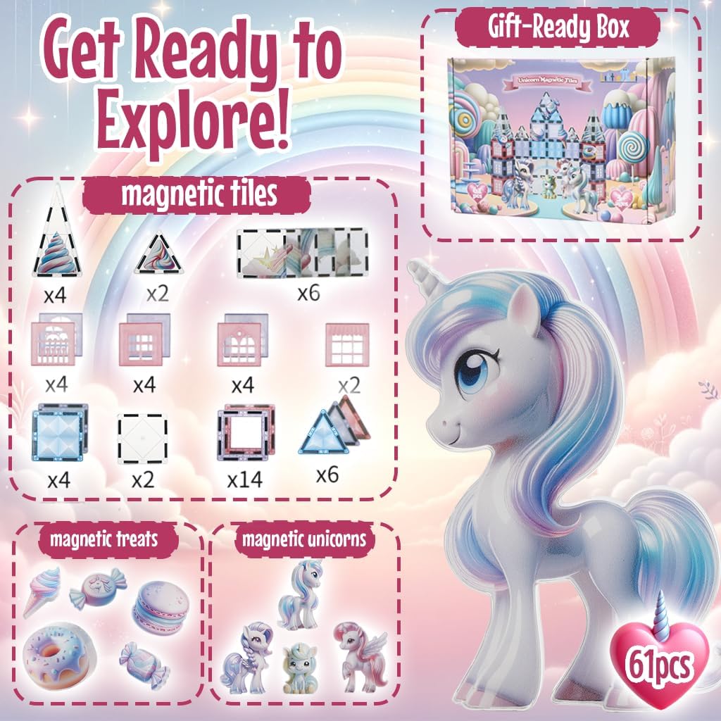 Little Pi 104pcs Frozen Princess Castle Magnetic Tiles Building Blocks - 3D Diamond Blocks, STEM Educational Toddler Toys for Pretend Play, 4 Year Old Girl Birthday Gifts Kids Ages 3 5 6 7 8 - Pink