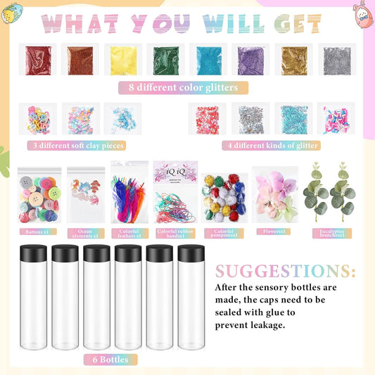 Arrowbash 12 Pcs Sensory Bottles Kits for Toddlers 1-3 Kids 400 ml Plastic Calming Bottles Empty with Lid Calm Down Jar Kit Filler Glitters Sequins Weather Containers for Relieving Anxiety Disturbed