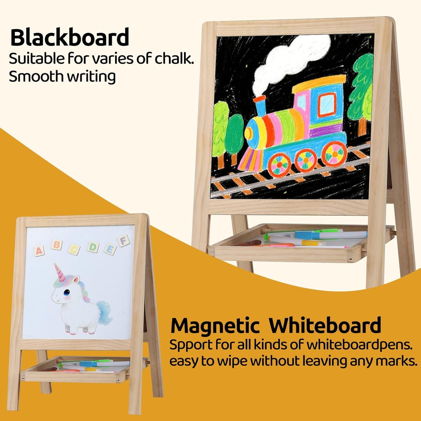 Tabletop Wooden Art Painting Easel for Kids 2-4, Chalkboard & Double-Sided Drawing Whiteboard for Toddlers, 4-in-1 Desk Easel with Magnetic Letters/Numbers & Flashcards Markers, Eraser