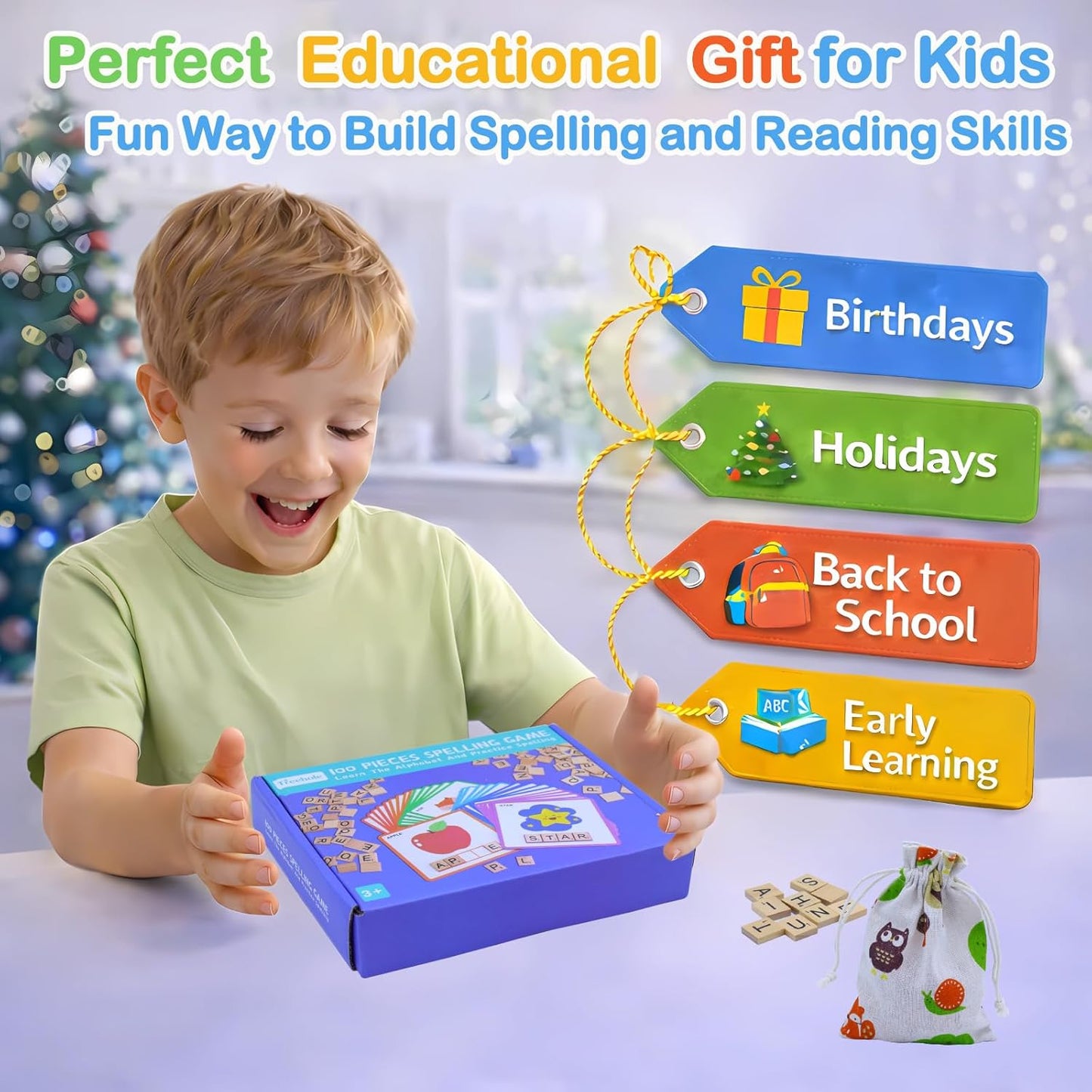 Spelling Game for Kids Ages 3-8, Word Building & Sight Word Games, Phonics Learning Toy with 100 Wooden Letter Tiles & 30 Double-Sided Flashcards, Preschool Kindergarten Early Reading Game