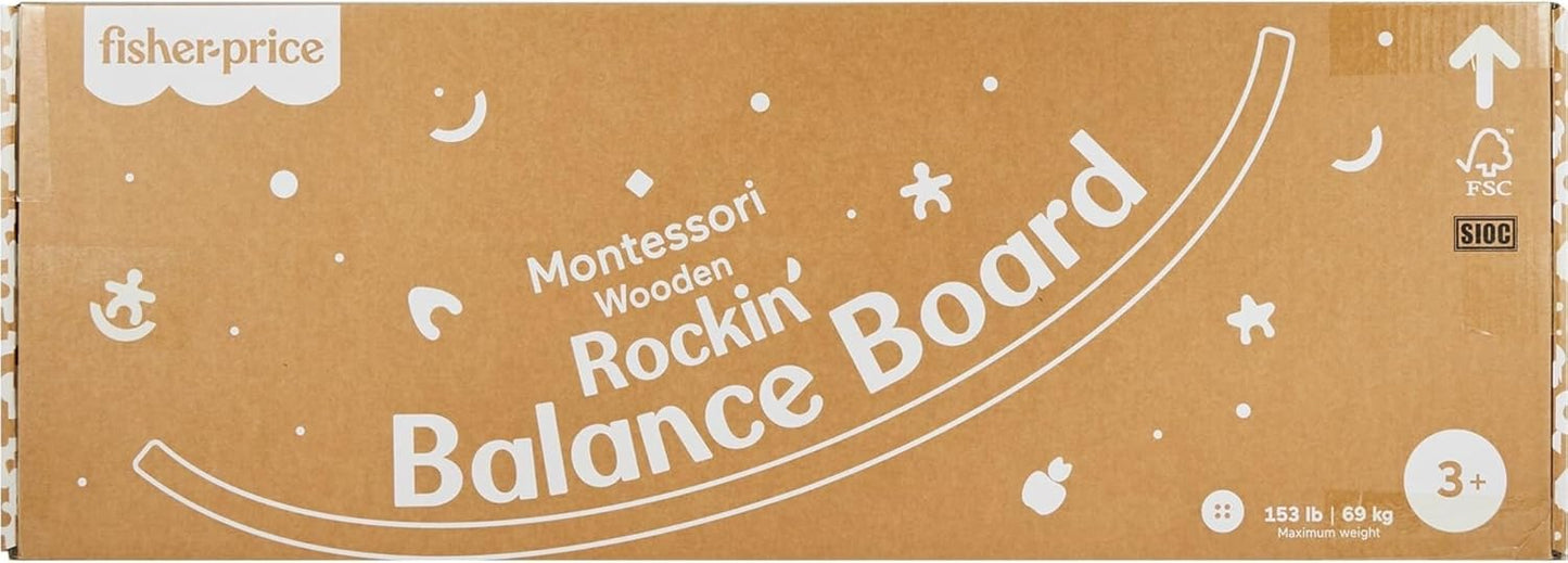 Fisher-Price Wood Montessori Toy Rockin' Balance Board, American Montessori Society Seal of Excellence, 31.7-Inch Wooden Motor Skills Learning Activity for Kids Ages 3+ Years (Amazon Exclusive)