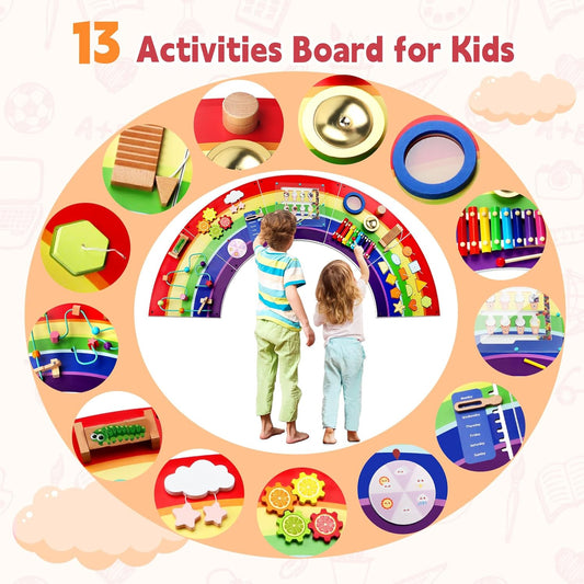 Rainbow Sensory Wall Panel for Toddlers 1-3 - Large Wooden Busy Board Wall Mount - 13-in-1 Montessori Activity Center for Daycare, Autism Sensory Room, Preschool Learning & Nursery Decor