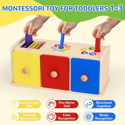 Toddler Montessori Toys, 3-in-1 Wooden Color & Shape Sorting Learning Matching Box Toy for Baby Toddlers 1 2 3 Year Old