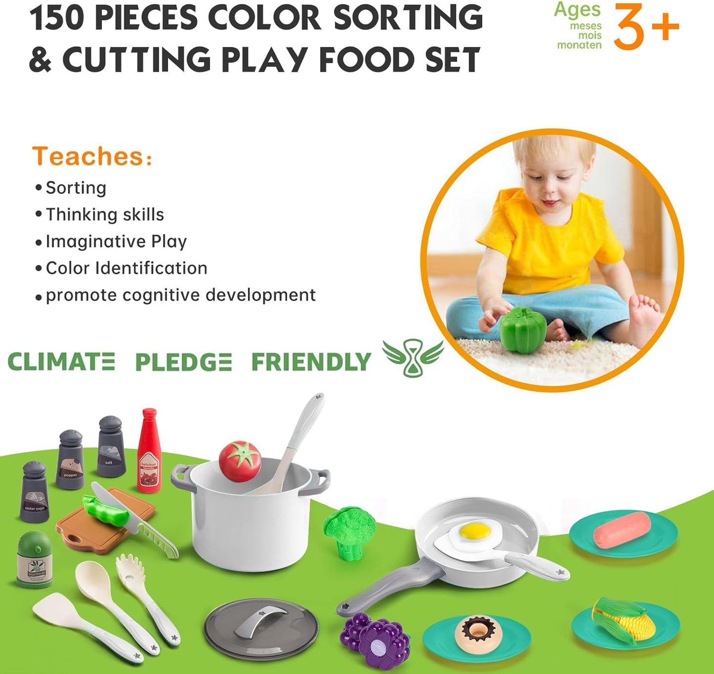 150Pcs Kitchen Playset, Toddlers Pretend Cooking Cookware Accessories, Food, Picnic Blanket, Fruits, Veges, 2Pack Shopping Storage Basket, Dessert and Prop Money, Gift for Kids (Pink)