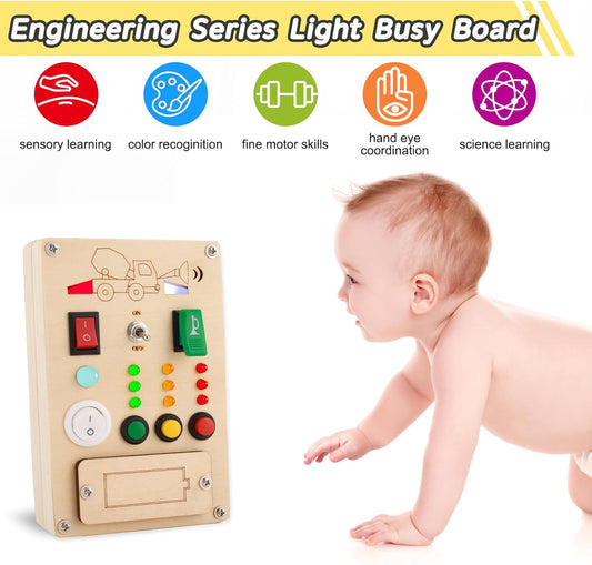 Busy Board Montessori Toys for 1 Year Old Led Button Push Toys Light Switch Preschool Learning Wooden Sensory for Toddlers 1-3 Baby Gifts Travel Fidget Toy (Vehicle Theme Light Toy)
