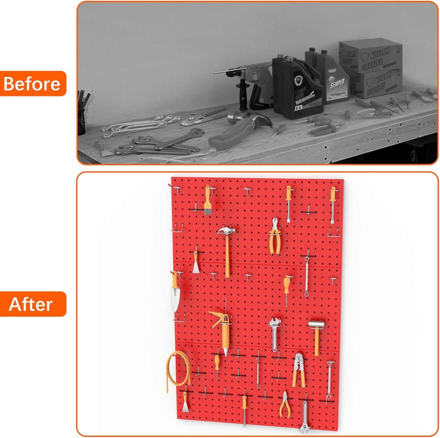 TORACK 3 PCS Metal Pegboard Panels(12x24 inch) for Wall Garage Tools Storage Pegboard for Workbench, Modular Peg Board Tool Organizer Board Kit(Pack of 3, Orange)