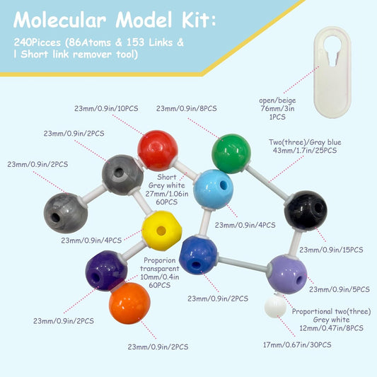 240Pcs Molecular Model Kit Inorganic Atomic Chemistry Element Set Organic Chemical Molecular Structure Model Building Kit Science Teaching Supplies Gifts for Teachers Friends Family Members