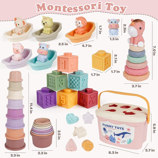 Montessori Baby Toys for Infants 6-18 Months Toddler 6–12 Months Shape Sorter Sorting Stacking Toy Sensory Learning Set with Stacking Rings for Babies Birthday Gift