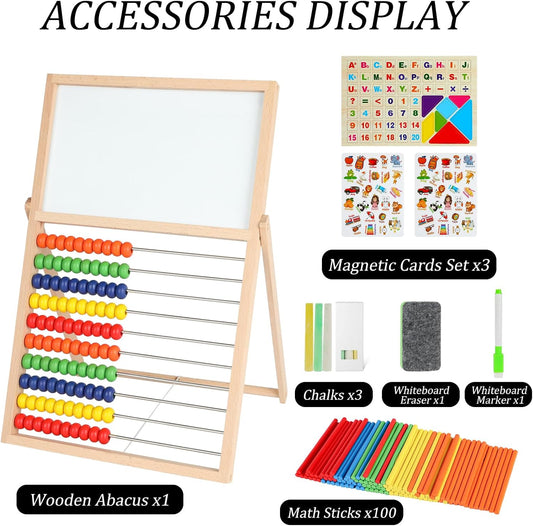 Wooden Abacus for Kids Math – Double-Sided Drawing Board with 100 Counting Sticks, 3 Sets Cards, Clock & Accessories, Educational Learning Toy for Ages 3-8, Homeschool & Preschool Essentials