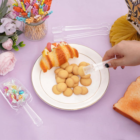 12Pcs Clear Plastic Ice Scoops Tongs Set, Small Tongs for Serving Food, Mini Candy Scoops for Candy Buffet Dry Goods Freezer Bin Canisters (Clear)