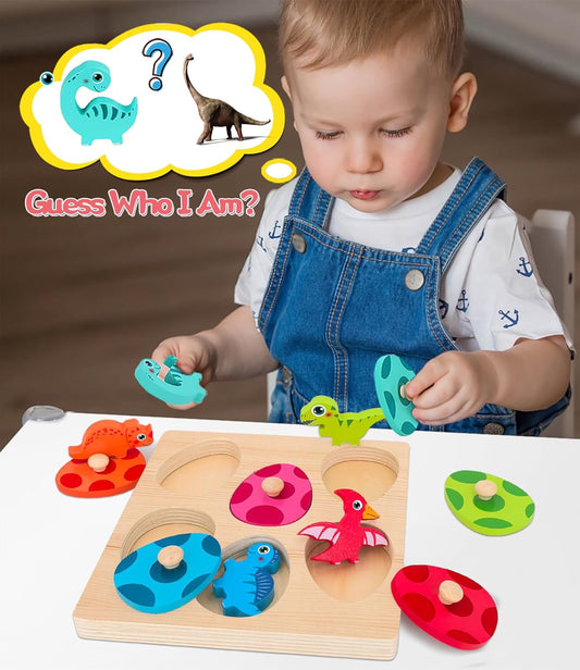 Wooden Peg Puzzle for Toddlers,Montessori Toys for Kids,Wooden Learning Color Sorting Shape Puzzles for Boys Girls, Dinosaur Match Eggs Developmental Sensory Matching Games