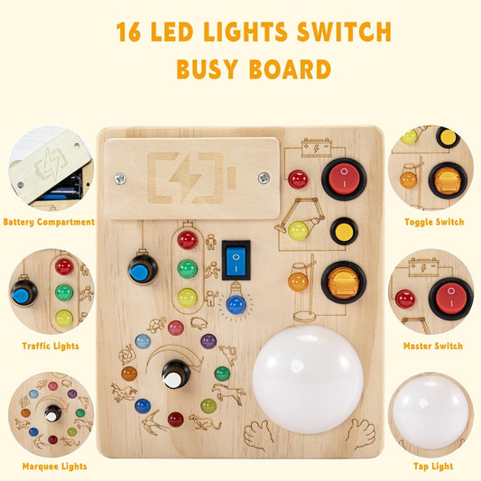 Wooden Montessori Busy Board with LED Light Switches & Tap Light, Sensory Activity Educational Toy for 1-3 Year Old Toddlers, Travel Toy & Birthday Gift for Boys Girls (Battery Not Included)