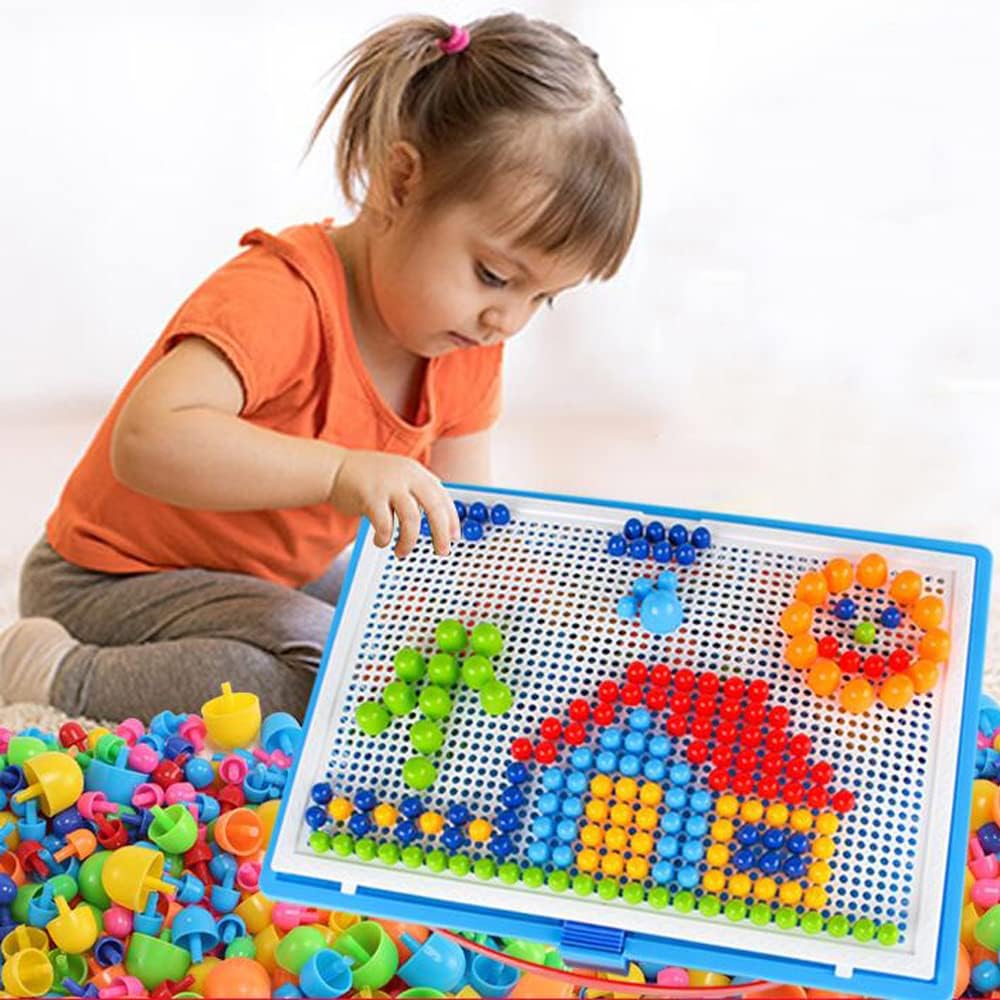 592Pcs Jigsaw Puzzle Mix Colour Mushroom Nails Pegboard Educational Building Bricks Creative DIY Peg Puzzle Toys 3D Games Birthday Christmas Party Gift for Kids Children Age Over 3 Years Old