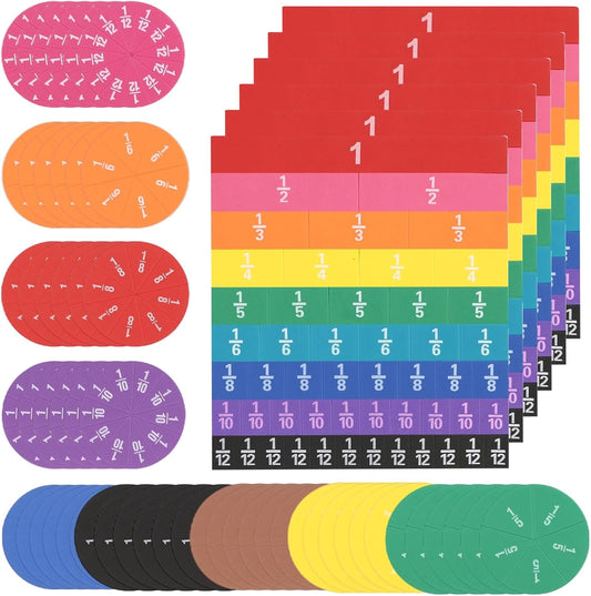 12 Sets EVA Rainbow Fraction Manipulatives, Includes 6 Sets Fraction Tiles and 6 Sets Fraction Circles, Broad Coverage from 1/1 to 1/12, Visual Learning Tool