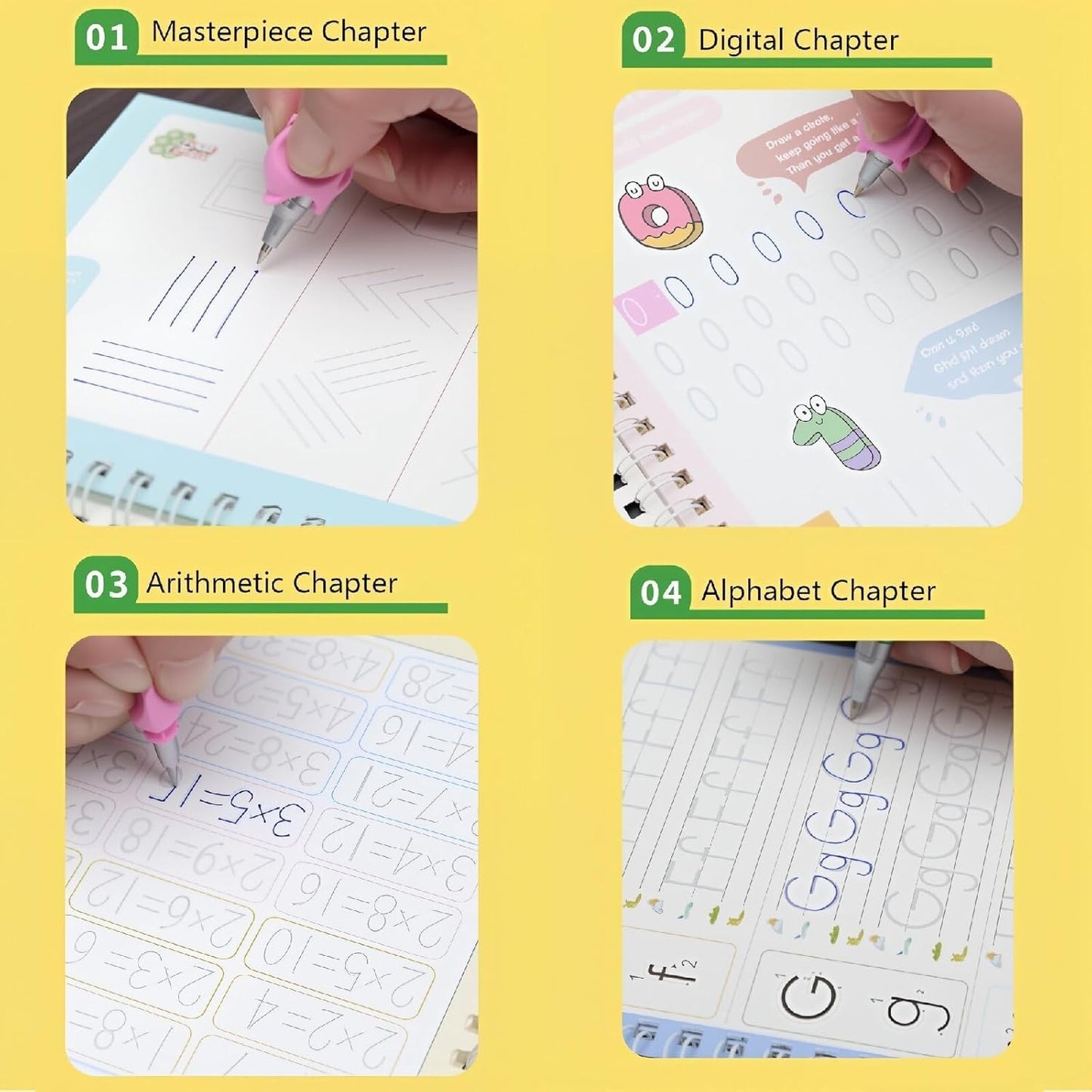 3D Magic Grooved Writing Practice Books for Kids 3-5 4-8, Reusable Groove Handwriting Books with Disappearing Ink, Preschool Learn to Write Tracing, Kindergarten Homeschool Classroom (4 PACK )