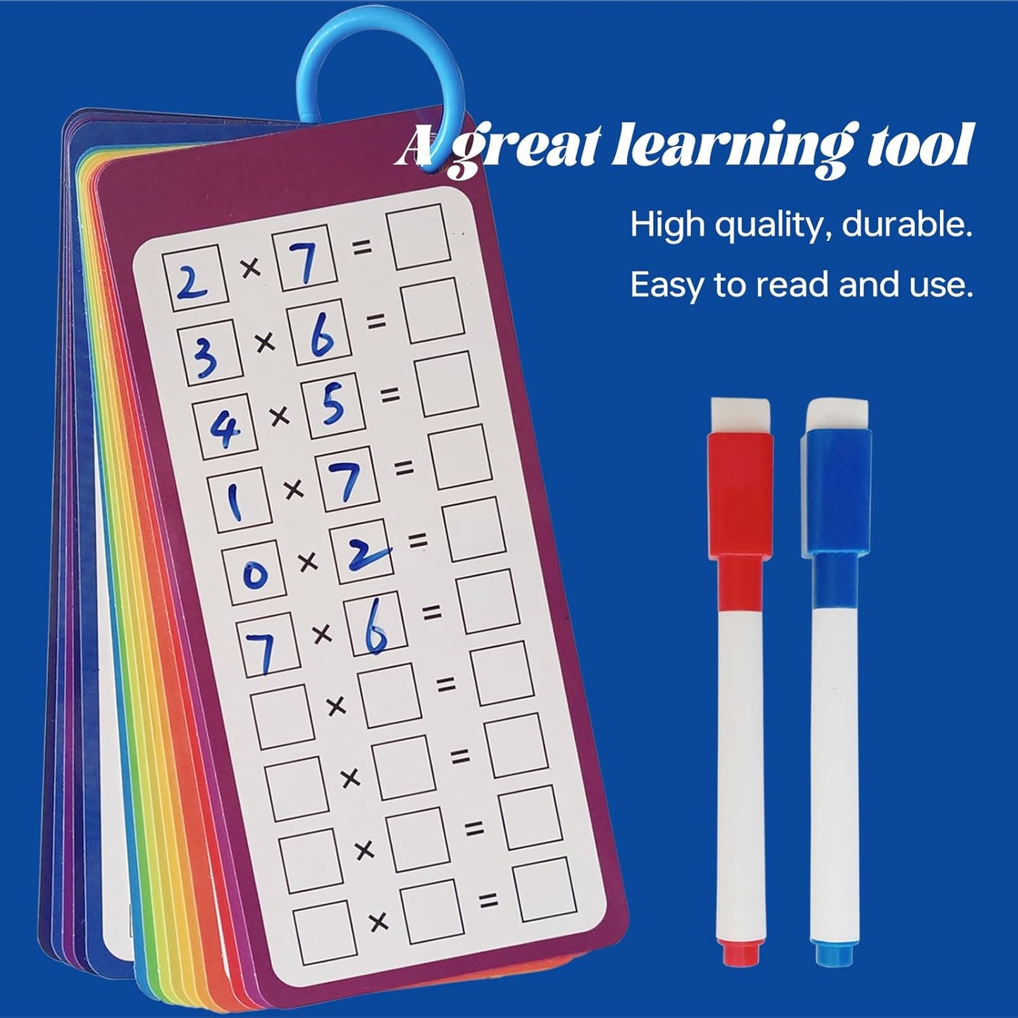 15-Piece Multiplication Flash Cards (0-12) with 2 Erasable Pens (Blue/Red) & 2 Binder Rings - Times Table Learning Set for Classroom or Home