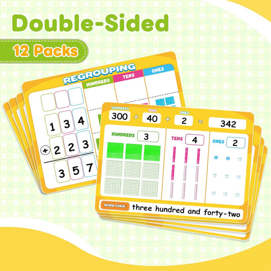 12 Packs Dry Erase Place Value Chart, Math Games for Kids Addition and Subtraction Flash Cards, White Board Math Manipulatives 1st 2nd 3rd Grade Teacher Classroom Must Haves Homeschool Supplie