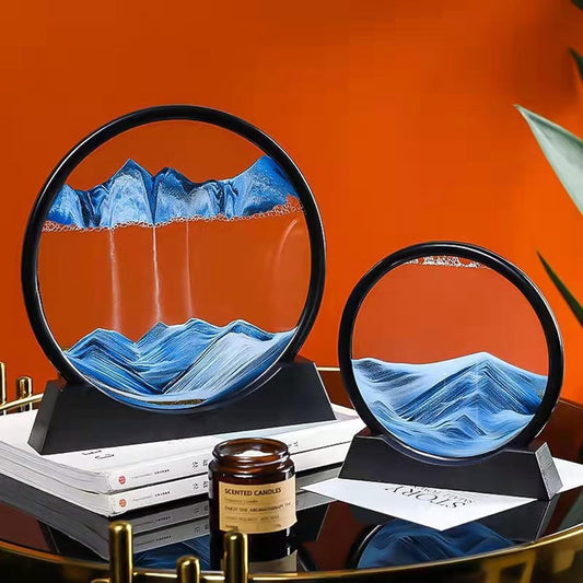 BGFJYUK Moving Sand Art Picture in Motion, Round Tempered Glass 3D Deep Sea Sandscapes with Display Flowing Sand Frame for Relaxing Desktop Home Office Work Décor for Kids Adults (Blue, 7inch