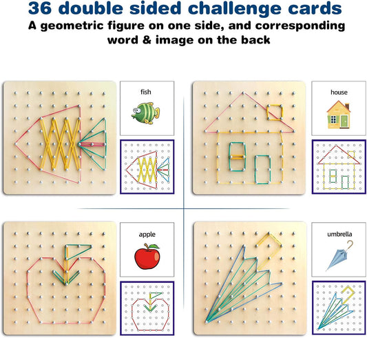 Thoth Montessori Wooden Geoboard Mathematical Manipulative Material Array Block Geo board with 36Pcs Pattern Cards and Rubber Bands Matrix 8x8 for Kids Graphical Educational Toys Early Development Toy