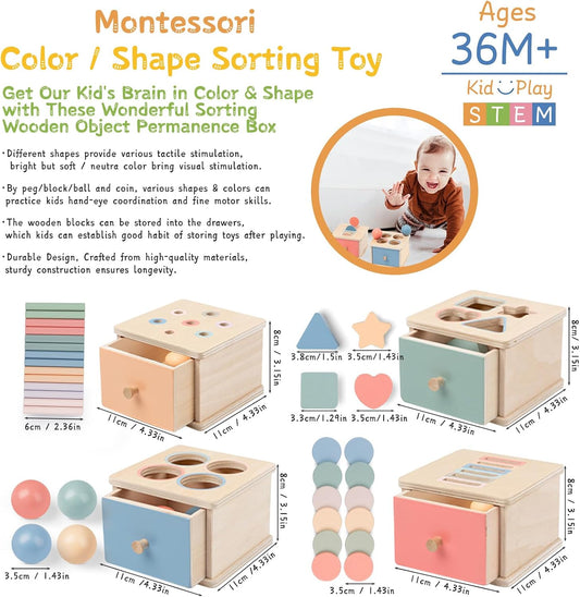 Montessori Toys for 2 3 4 5 Year Old - Wooden Object Permanence Box with Drawer Sensory Toys Shape Sorter Color Sorting Education for Baby Toddler Boy Girl Drop Busy Box (B-Blocks)